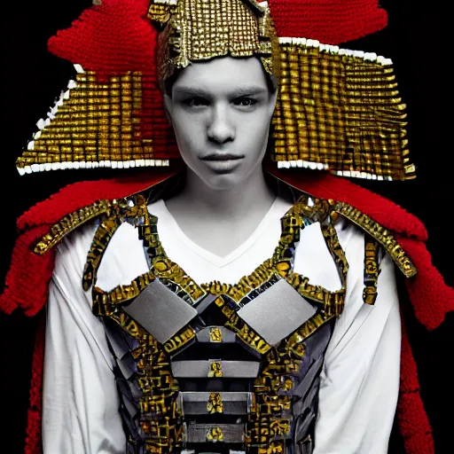 Prompt: a portrait of a beautiful young male wearing an alexander mcqueen armor made of legos , photographed by andrew thomas huang, artistic