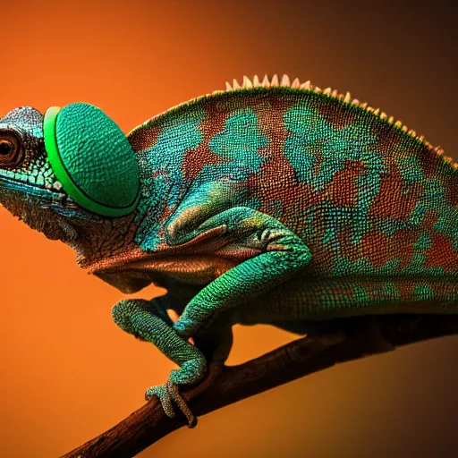 Image similar to a high quality photo of a chameleon wearing headphones, realism, 8k