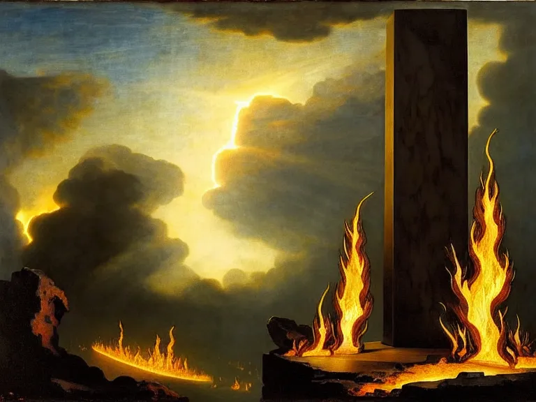 Prompt: savage electric flames engulfing an obsidian obelisk by whelan, baldung, whitcomb, massys, hubert robert, staples, burdisio, swanland, shishkin, rombouts, courbet, beautiful, mythical, mystical, highly detailed, hyperrealistic, energy, low light, high contrast, lifelike, bright sky
