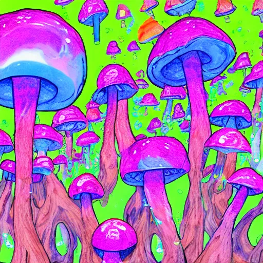 Image similar to trippy mushrooms, acrilic paint, digital, artstation