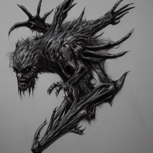 Prompt: a detailed pencil drawing of a nightmarish decaying flying zombie with claws and black holes in reality, trending on artstation