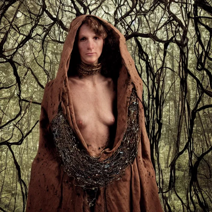 Prompt: closeup portrait of a woman wearing a cloak made of geodes and wire, standing in a burnt forest, by Annie Leibovitz and Steve McCurry, natural light, detailed face, CANON Eos C300, ƒ1.8, 35mm, 8K, medium-format print