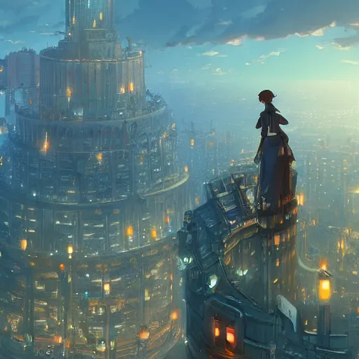 Prompt: Bruegels The Tower of Babel, steampunk city, atmospheric lighting, by Makoto Shinkai