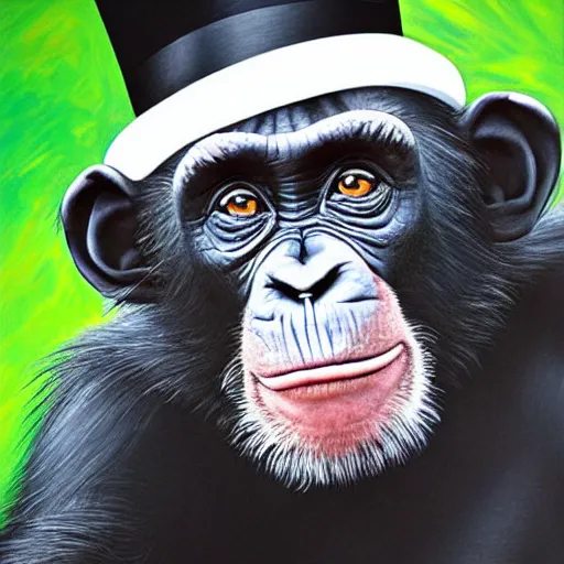 Image similar to a hyperrealistic portrait of a chimpanzee, with a top hat. photorealistic, highly detailed