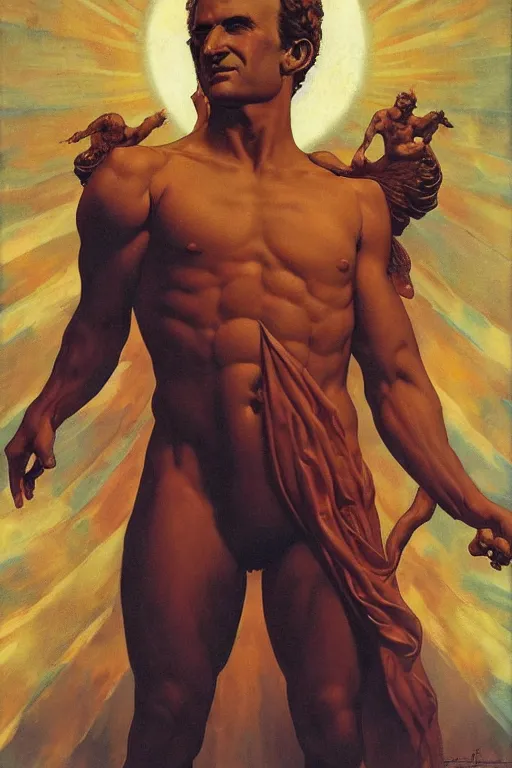 Image similar to emmanuel macron as the god of golden peace by thomas blackshear