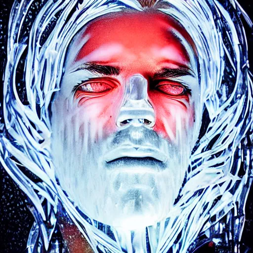 Image similar to man portrait made out of ice, beautiful, cyborg, comic book art, blond hair, neon