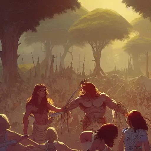 Image similar to conan the barbarian in the park, surrounded by children, illustration, wide shot, subtle colors, concept art by josan gonzales and wlop, laurie greasley, jordan grimmer and james jean, highly detailed, sharp focus, trending on artstation, hq, deviantart, art by artgem