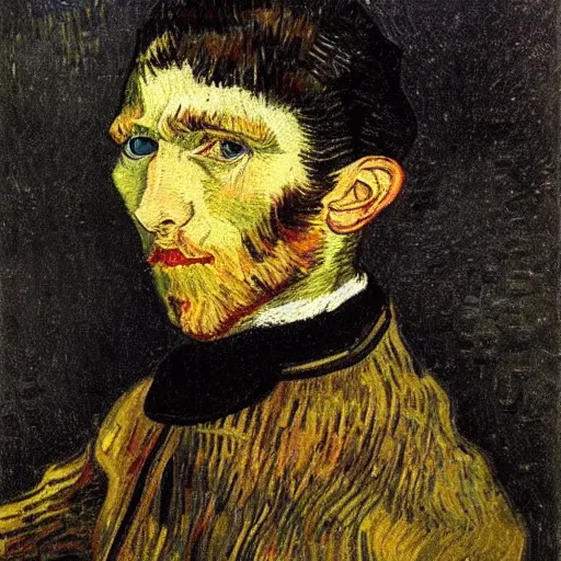 Prompt: young man with short black hair portrait painted by van gogh