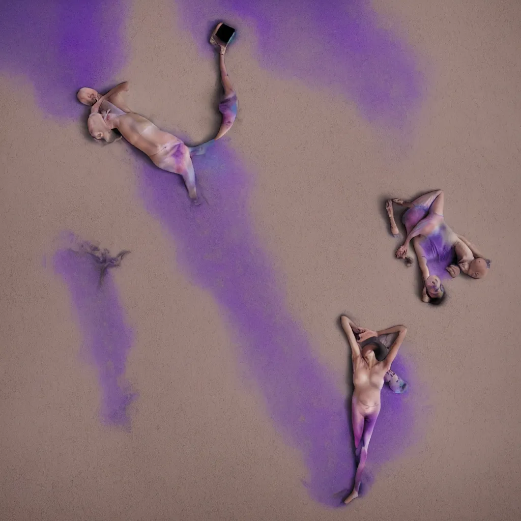 Prompt: overhead view of iridiscent oil spill in desert sand tempest with women corpses connected by cables and computers to wax forms to a buried baby relaxing on yoga mat, faded, purple gradient, dust, purple fog, depth of field, by edward burtynsky, hans bellmer and nadav kander, 8 k, sad atmosphere, cinematic