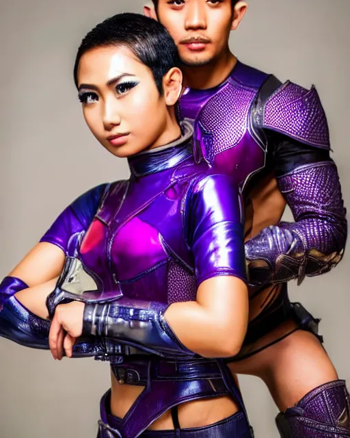 Image similar to photoshoot of a beautiful indonesian woman and handsome incredibly muscular indonesian man, both have short hair and elf ears and both wear a purple futuristic armored superhero costume, photorealistic