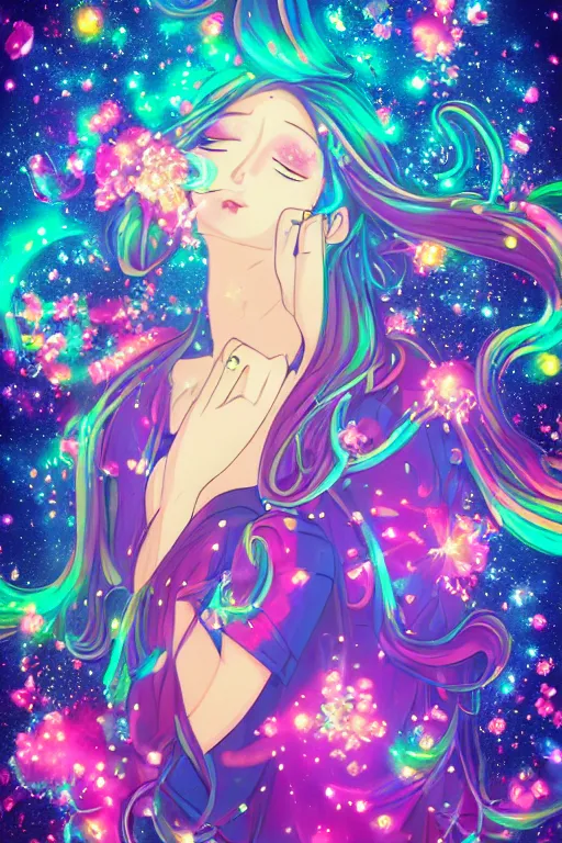 Prompt: psychedelic, whimsical, anime, 4k, beautiful intimate woman blowing smoke, with professional makeup, long trippy hair, a crystal and flower dress, sitting in a reflective pool, surrounded by gems, underneath the stars, rainbow fireflies, trending on patreon, deviantart, twitter, artstation, volumetric lighting, heavy contrast, art style of Ross Tran and Ilya Kuvshinov