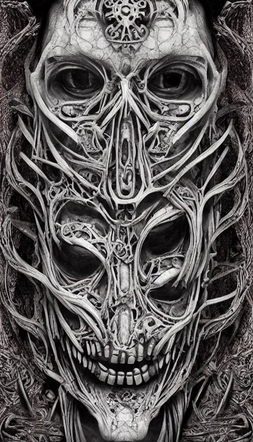 Image similar to ancient biomechanical hybrid aztec fantasy beautiful undead symmetrical human face skull mask tattoo pattern concept, teonanacatl glyph, intricate artwork by, Johnatan Wayshak, Zdizslaw Beksinski, face by Artgerm, H.R. Giger, very coherent artwork, cinematic, hyper realism, high detail, octane render, unreal engine, 8k, High contrast, higly detailed black ink outline, crosshatch sketch gradient