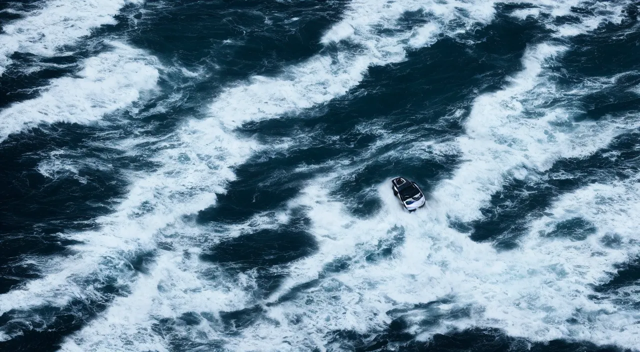 Prompt: mazda miata driving ontop of the ocean, giant wave, realistic, detailed, contrast, 4 k