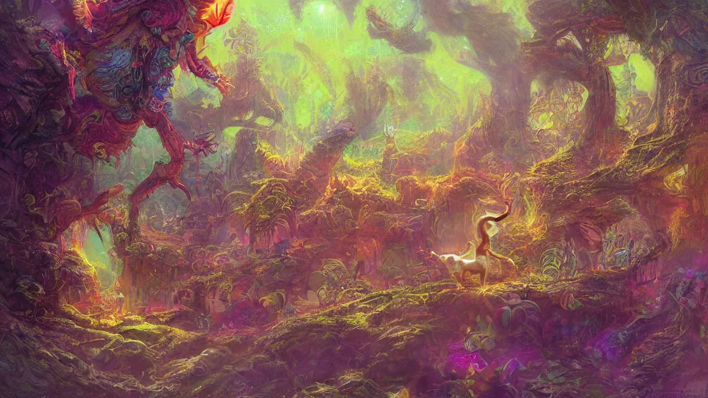 Prompt: a beautiful painting of a small creature lost inside a massive, magical, psychedelic land of thought and imagination, lovely, concept art, detailed, artstation, 4k, james gurney