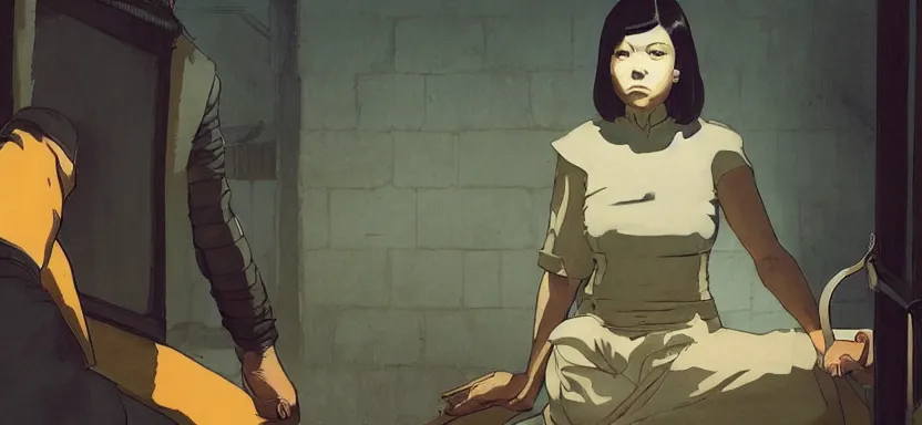 Image similar to a prisoner ready to escape their cell, digital painting masterpiece, by ilya kuvshinov, by frank frazetta, by mœbius, by reiq, by hayao miyazaki, intricate detail, beautiful brush strokes, advanced lighting technology, 4 k wallpaper, interesting character design, stylized yet realistic anatomy and faces, inspired by kill bill animated scene