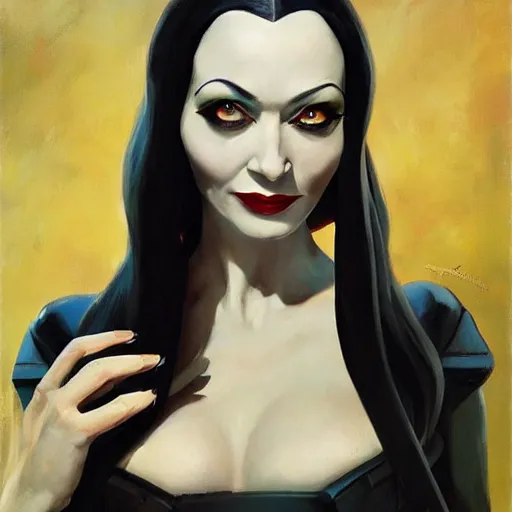 Image similar to greg manchess portrait painting of morticia from addams family as overwatch character, medium shot, asymmetrical, profile picture, organic painting, sunny day, matte painting, bold shapes, hard edges, street art, trending on artstation, by huang guangjian and gil elvgren and brom