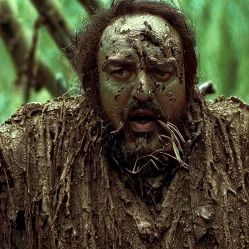 Prompt: film still of luciano pavarotti as major dutch, covered in mud, hiding from the predator in swamp scene in 1 9 8 7 movie predator, hd, 8 k