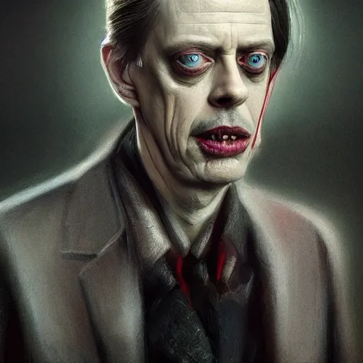 Image similar to hyperrealistic mixed media image of Steve Buscemi as a vampire, stunning 3d render inspired art by István Sándorfi and Greg Rutkowski, perfect facial symmetry, realistic, highly detailed attributes and atmosphere, dim volumetric cinematic lighting, 8k octane extremely hyper-detailed render, post-processing, masterpiece,