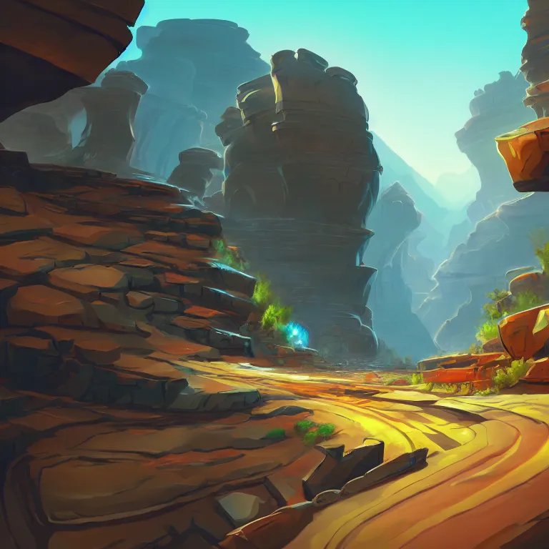 Image similar to marketing game illustration, distortion camera of a scifi road into the rocks canyon very fast feeling in the style of Blizzard and Riot Games