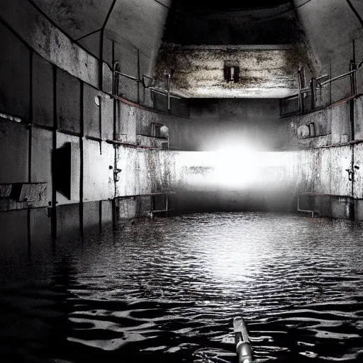 Image similar to the interior of a partially flooded missile silo, dark, scary lighting, scary, creepy, eerie, horror, submechanophobia, submerged machinery, photo,