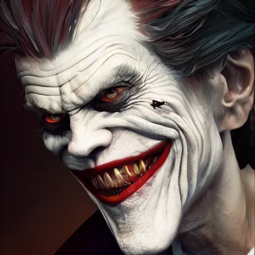 Image similar to willem dafoe as joker, ultra high detailed, oil painting, greg rutkowski, charlie bowater, yuumei, yanjun cheng, unreal 5, daz, hyperrealistic, octane render, rpg portrait, dynamic lighting