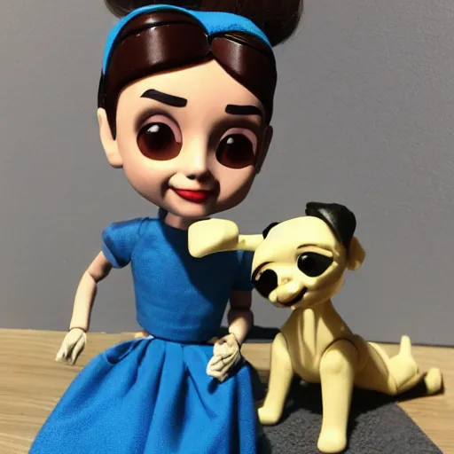 Image similar to audrey hepburn cos play professional dog walker ( 5 small dogs ), stop motion vinyl action figure, plastic, toy, butcher billy style