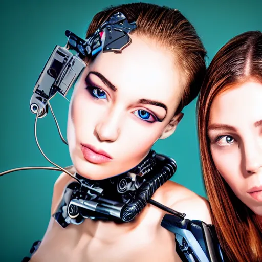 Prompt: photo portrait of 2 beautiful female cyborg
