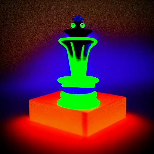 Image similar to underwater tintype photo of a queen chess piece made of neon lights, Puddles, high point of view, smooth 3D Illustration, Cinematic Matte Painting, soft render, volumetric lighting