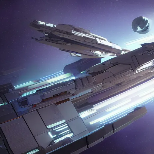 Image similar to a futuristic freighter spaceship surrounded by small space frigates