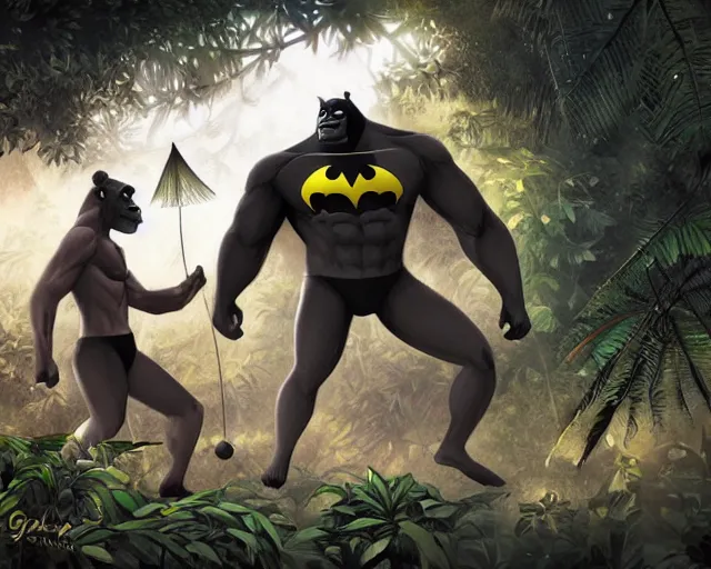 Prompt: gorilla and batman playing volleyball in a jungle with a volleyball, volleyball net, digital illustration, inspired by greg rutkowski and artgerm, high detail