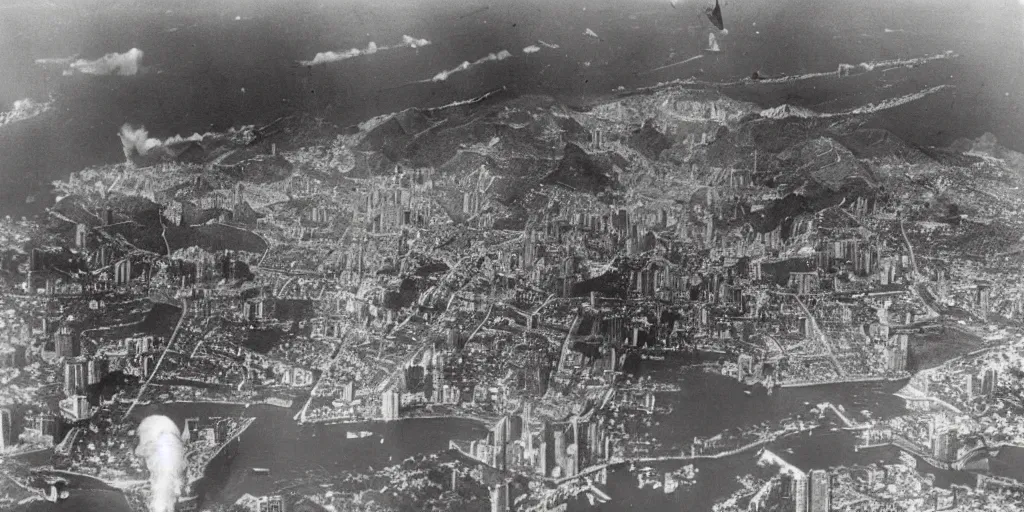 Prompt: the bombing of rio de janeiro ( 1 9 3 0 ), historical photograph, highly detailed, 4 k, real, aerial bombing