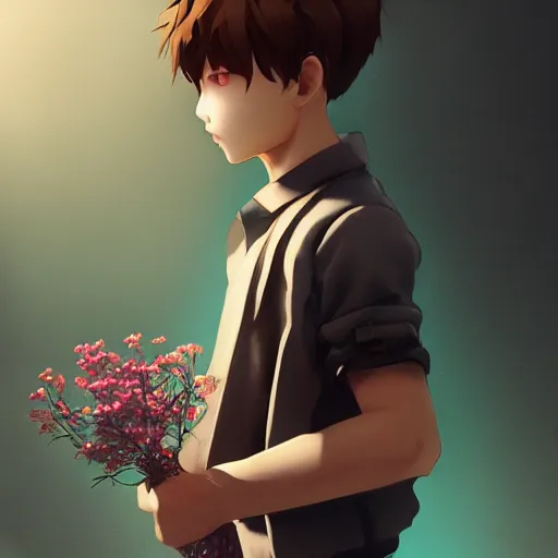 Image similar to Clothed,worksafe.at CGSociety by WLOP,ilya kuvshinov,krenz cushart,Greg Rutkowski,trending on artstation.Zbrush sculpt colored,Octane render in Maya,Houdini VFX.A boy who fall in love, holding flowers bouquet.Cinematic dramatic atmosphere,sharp focus,soft volumetric studio lighting.