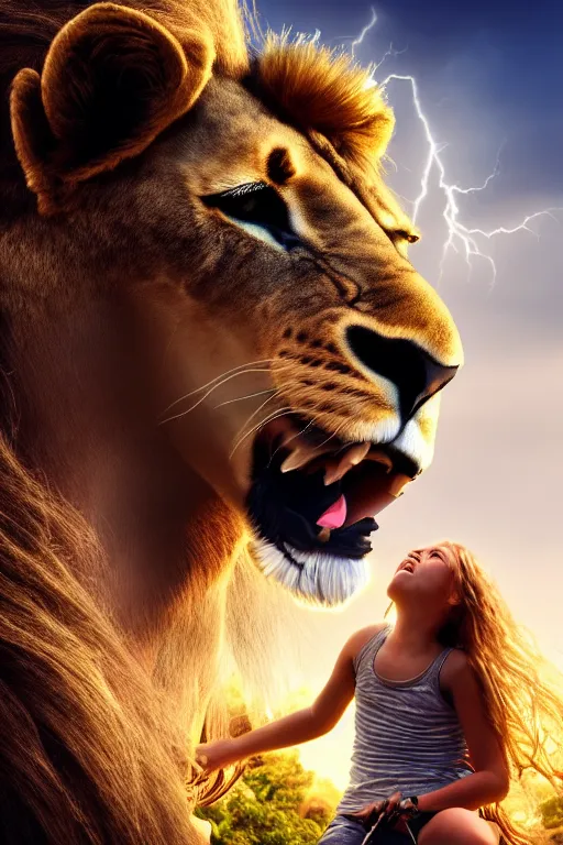 Image similar to girl riding a lion, extremely detailed, high quality, 4 k, cinematic, dramatic lightning, photo realistic, beautiful face, highly detailed face