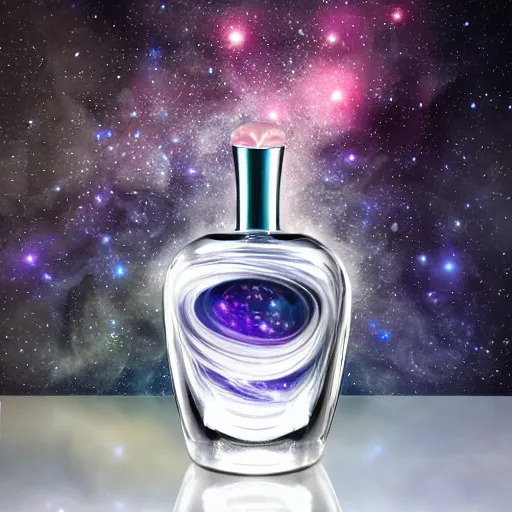 Prompt: perfume bottle surrounded by artistic galactic water waves