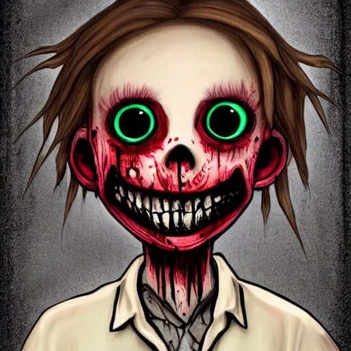 Image similar to grunge drawing of a cartoon boy with big eyes and a wide bloody smile by mrrevenge, corpse bride style, horror themed, detailed, elegant, intricate