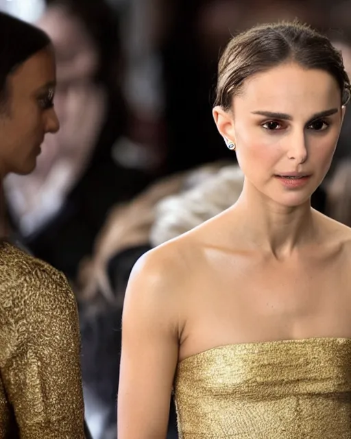 Prompt: nathalie portman at the new york fashion week, wearing an outfit made from golden chains, photo by greg rutkowski, soft lighting, female beauty, intricate detail, elegance, sharp shapes, masterpiece