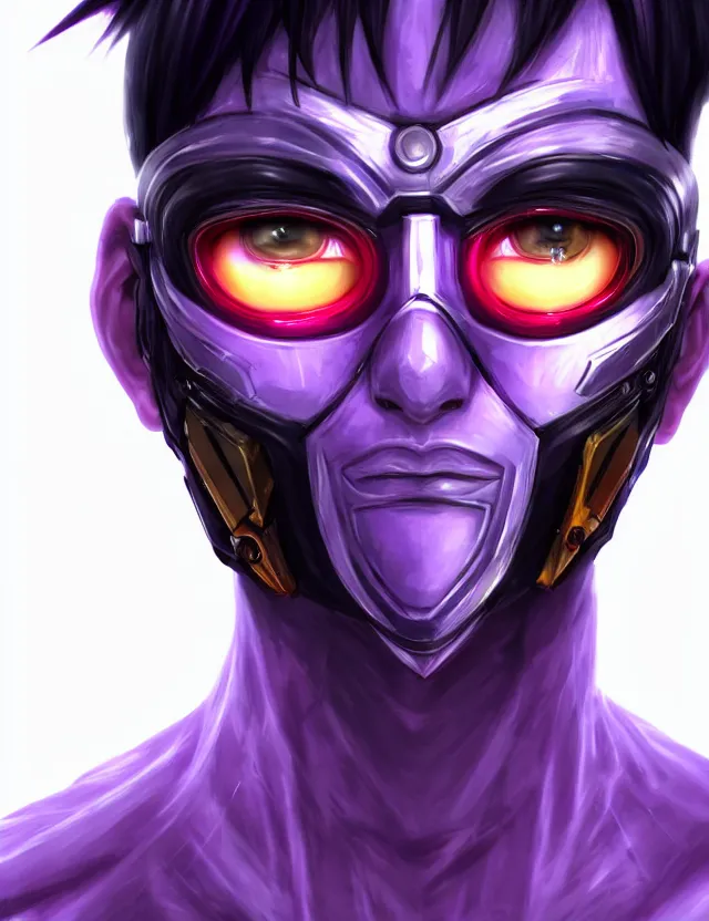 Prompt: a detailed manga portrait of a black haired man with a cybernetic body and face mask with purple fiery streaks, trending on artstation, digital art, 4 k resolution, detailed, high quality, sharp focus, hq artwork, coherent, insane detail, character portrait