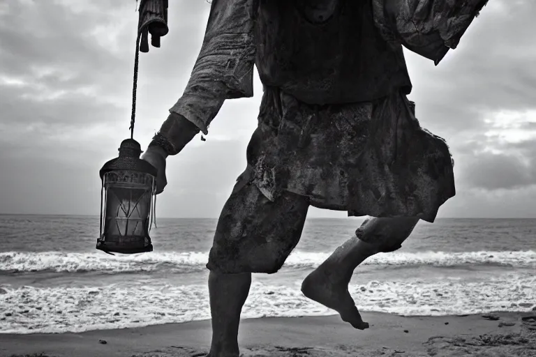 Image similar to closeup old man holding up a lantern on the beach in a pirate ship bay meet to a old wood shack by emmanuel lubezki