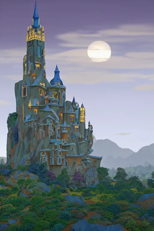 Prompt: view of the mysterious blue tower in its gardens after a storm, tall windows lit up, beautiful ornamental architecture, dramatic cinematic lighting, rich colors, by Nicholas Roerich and William Dyce and April Gornik and Ludwig Deutsch , unreal engine