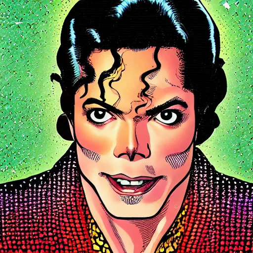 Image similar to dynamic macro head portrait of beautiful michael jackson super hero in white sequined jacket by john romita sr and cory walker and ryan ottley and jack kirby and barry windsor - smith, comic, illustration, photo real