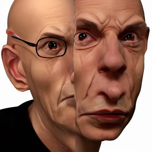 Image similar to A middle-aged Dr. Venture in real life with a hooked nose, a long gaunt face and skinny body and neck, very thin and bald, realistic, very realistic, hyperrealistic, highly detailed, very detailed, extremely detailed, detailed, digital art, oil painting, trending on artstation, headshot and bodyshot, detailed face, very detailed face, extremely detailed face, HD Quality, 8k resolution, very very detailed face, real life