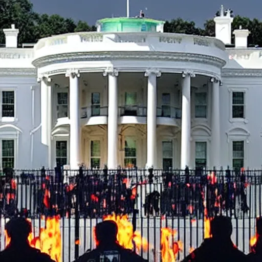 Image similar to a still of hundreds of stormtropers rioting in front of a the white house in washington.!!!, flaming torches and pitchforks