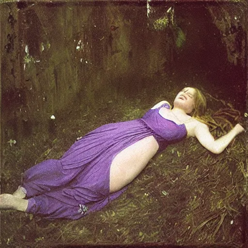 Image similar to “a girl Ophelia by Sir John Everett Millais laying on a dirty mattress covered in filth and garbage in an dark concrete basement room. 35mm film. Cursed image.”