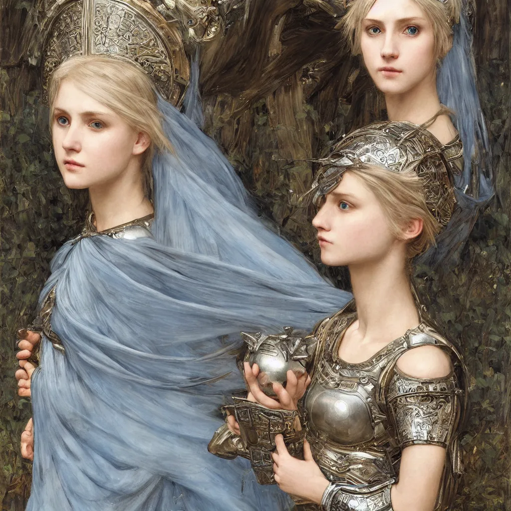 Prompt: a armored beautiful pale platinum - blonde young woman with light blue eyes, soft gaze, a golden round halo around her head, wearing a fine decorated silver breastplate, painted by john william waterhouse : : 0. 5, epic fantasy, masterpiece, portrait, fine art, digital art, detailed, ultra - hd, cinematic, volumetric, intricate