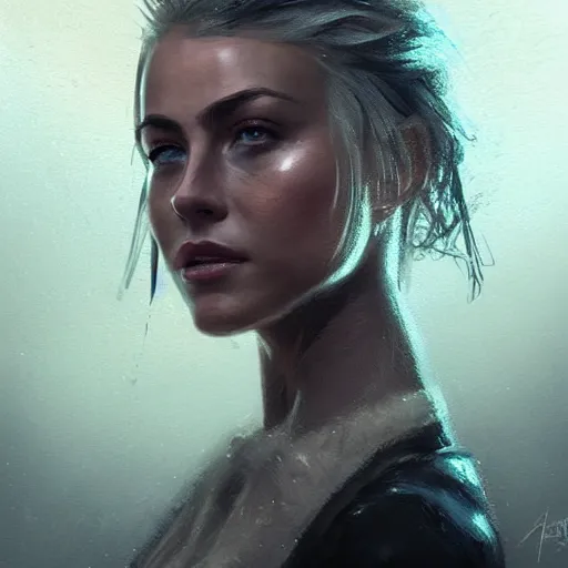 Image similar to portrait of julianne hough by greg rutkowski and wlop, a secret agent, wearing black shorts, wearing black boots, wearing a cropped top, blade runner, highly detailed portrait, digital painting, artstation, concept art, smooth, sharp focus ilustration, artstation, hq