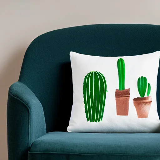 Image similar to a fluffy pillow designed after a cactus, product photo, cute