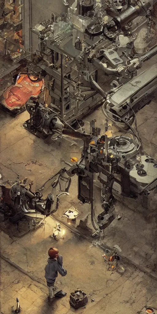 Image similar to a boy fixing his robot, part by Norman Rockwell, part by Greg Rutkowski , part by Mattias Adolfsson, high angle, ((volumetric lighting)), oil on canvas