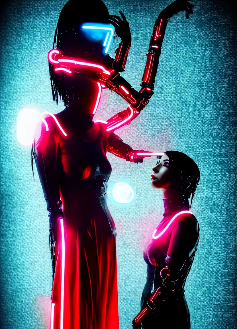 Prompt: woman, android, black hair, cyberpunk, artificial limbs, circuit, mechanisms, tattoos, neon lights, hard light, glamour, vogue photoshoot, fashion, lens flare, long dress, red dress, raindrops, rain, wet, wet hair, wet fabric, make - up, leaky make - up, red lipstick