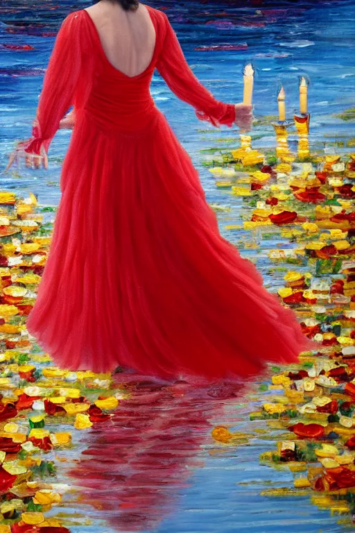 Image similar to detailed oil painting of spanish flamenco dancer walking into a crystal clear lake wearing a red dress made of flowers that's engulfed in flames, dimly lit by candles on the ground, looking away, dark shadows, ethereal, slr, 4 k, high definition