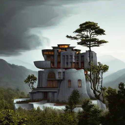 Prompt: modernist house inspired by a tibetan palace, overlooking a valley, big trees, clouds, dramatic lighting, artstation, matte painting, raphael lacoste, simon stalenhag, frank lloyd wright